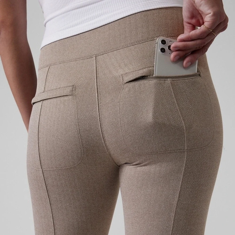 Athleta Delancey Herringbone Flare Pants Brown Tan High Rise Trousers Womens M - Picture 3 of 8